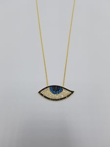 925 Sterling Silver Black, White, Blue Zircon Ra Evil Eye Lucky Charm  Necklace