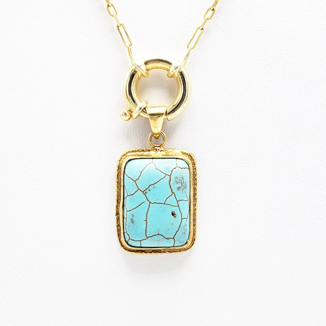 Rectangle Turquoise Medallion Chain Necklace Blue Color | 925 Sterling Silver
