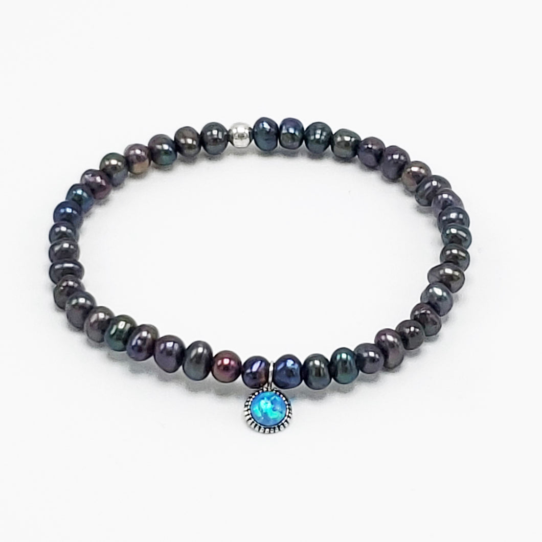Black Rainbow Fresh Water Pearl,  Opal Stone  | Solid 925 Sterling Silver   - White Gold