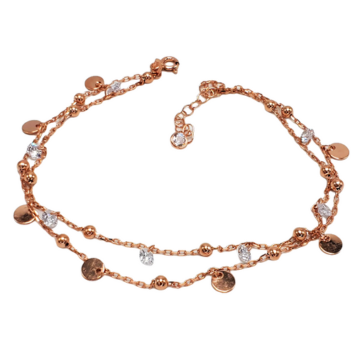 Clear Zirconia Two Strand Minimal Dangle Coins and Drop Body Chain Anklet Handcrafted 925 Sterling Silver Rose Gold,White Gold,14K Gold Option/s Available