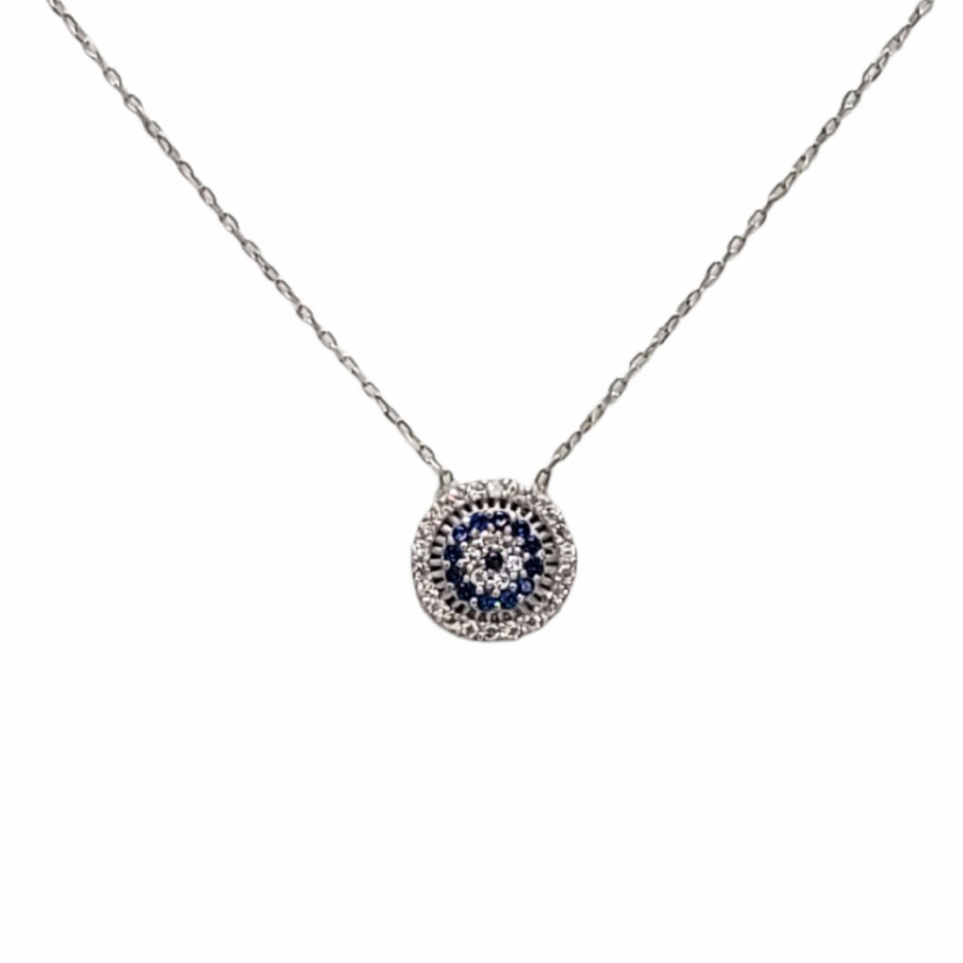 Round Evil Eye Clear and Navy Blue Zirconia Necklace Solid 925 Sterling Silver