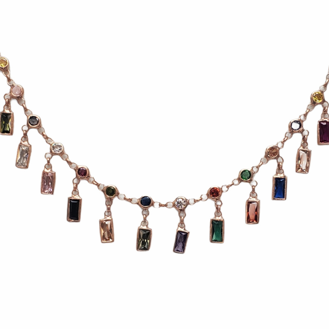 Multicolor Colorful Zircon Baguette Dangle Rectangle Handcrafted Choker Necklace Solid 925 Sterling Silver