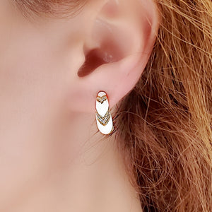 White Chevron Moon with White Clear Zircon Earring Hoop Stud| 925 Sterling Silver