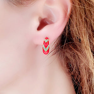 Red Chevron Moon with Clear Cubic Zircon Earring Hoop Stud| 925 Sterling Silver