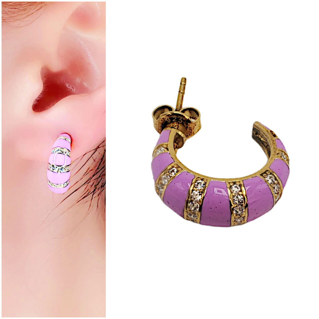 Purple Neon Striped Earring With White Cubic Zircon Hoop Stud| 925 Sterling Silver