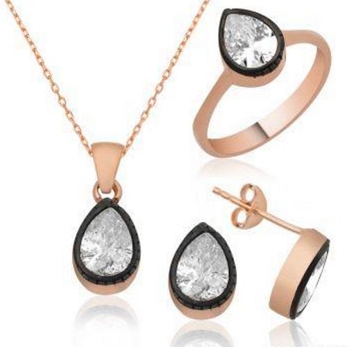 Rose Gold Clear  Zircon Handcrafted Drop Necklace Earring Ring Set 925 Sterling Silver