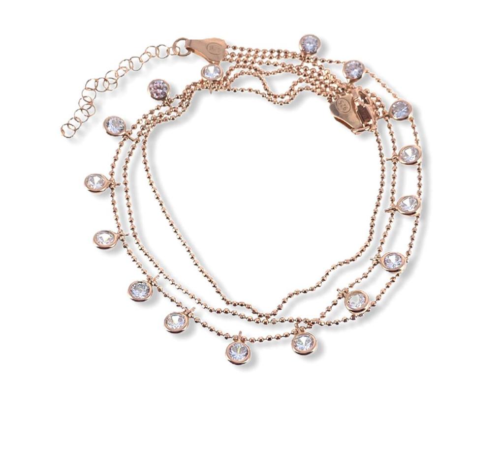 Clear Zirconia Three Strand Dangle Body Chain Adjustable Anklet Handcrafted 925 Sterling Silver Rose Gold,White Gold,14K Gold Option/s Available