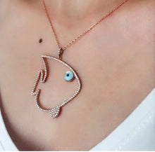 Solid 925 Sterling Silver Zirconia Fish with Evil Eye Necklace