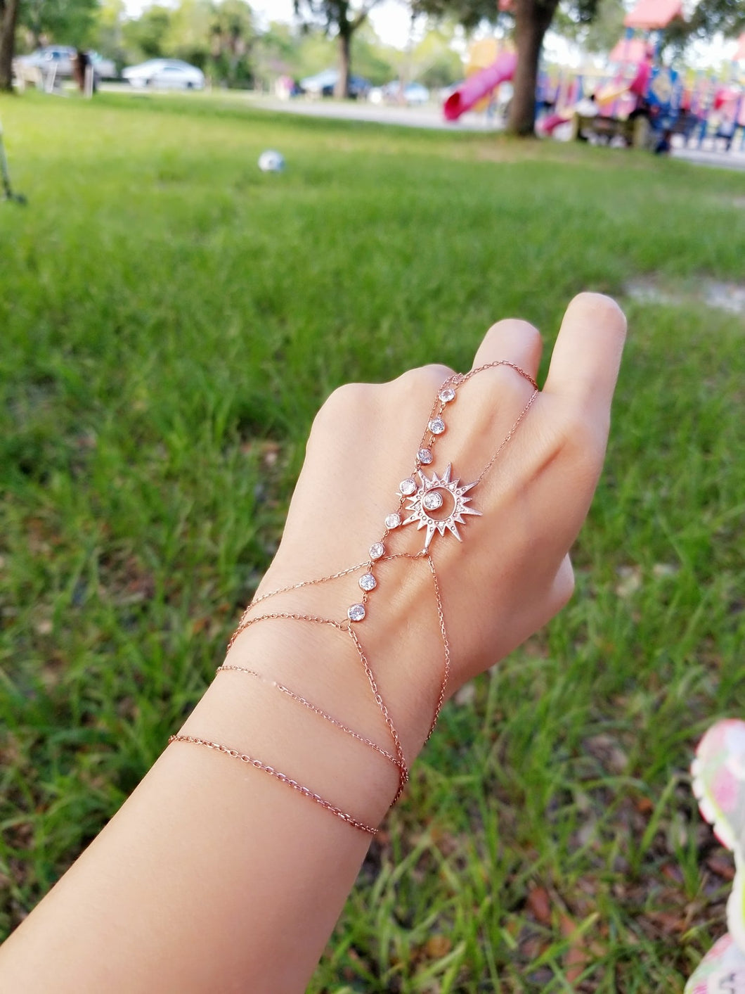 White Zirconia Sun Slave Bracelet Hand Chain   925 Sterling Silver