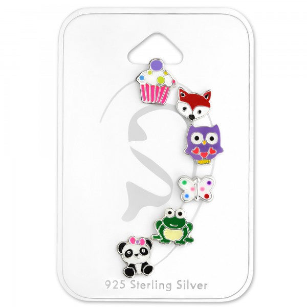 Six Pieces Colorful Muffin, Fox, Owl, Butterfly, Frog, Panda Children Jewelry Earring Stud | 925 Sterling Silver