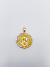 14K Gold White Cubic Zirconia Round ,Two Side Mother Mary and Cross Religious Gold Finish Pendant| 925 Sterling Silver