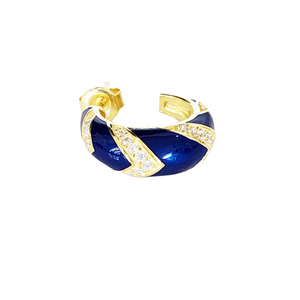 Navy Blue Chevron Moon with Clear Cubic Zircon Earring Hoop Stud| 925 Sterling Silver
