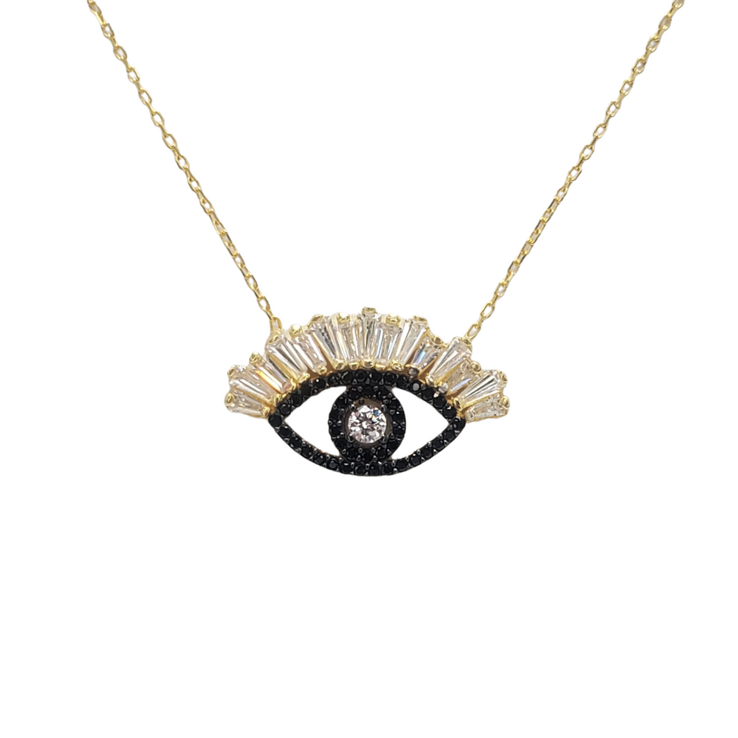Black and White Zircon 2.5 cm,Baguette Eye with Eyelash Necklace Adjustable| 925 Sterling Silver