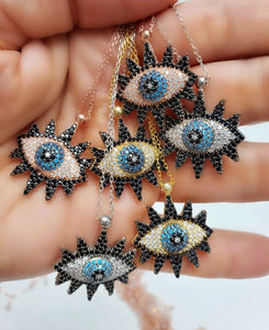 Evil Eye with Eyelash Handcrafted Blue White Black Zircon Necklace Adjustable| 925 Sterling Silver Protect Yourself