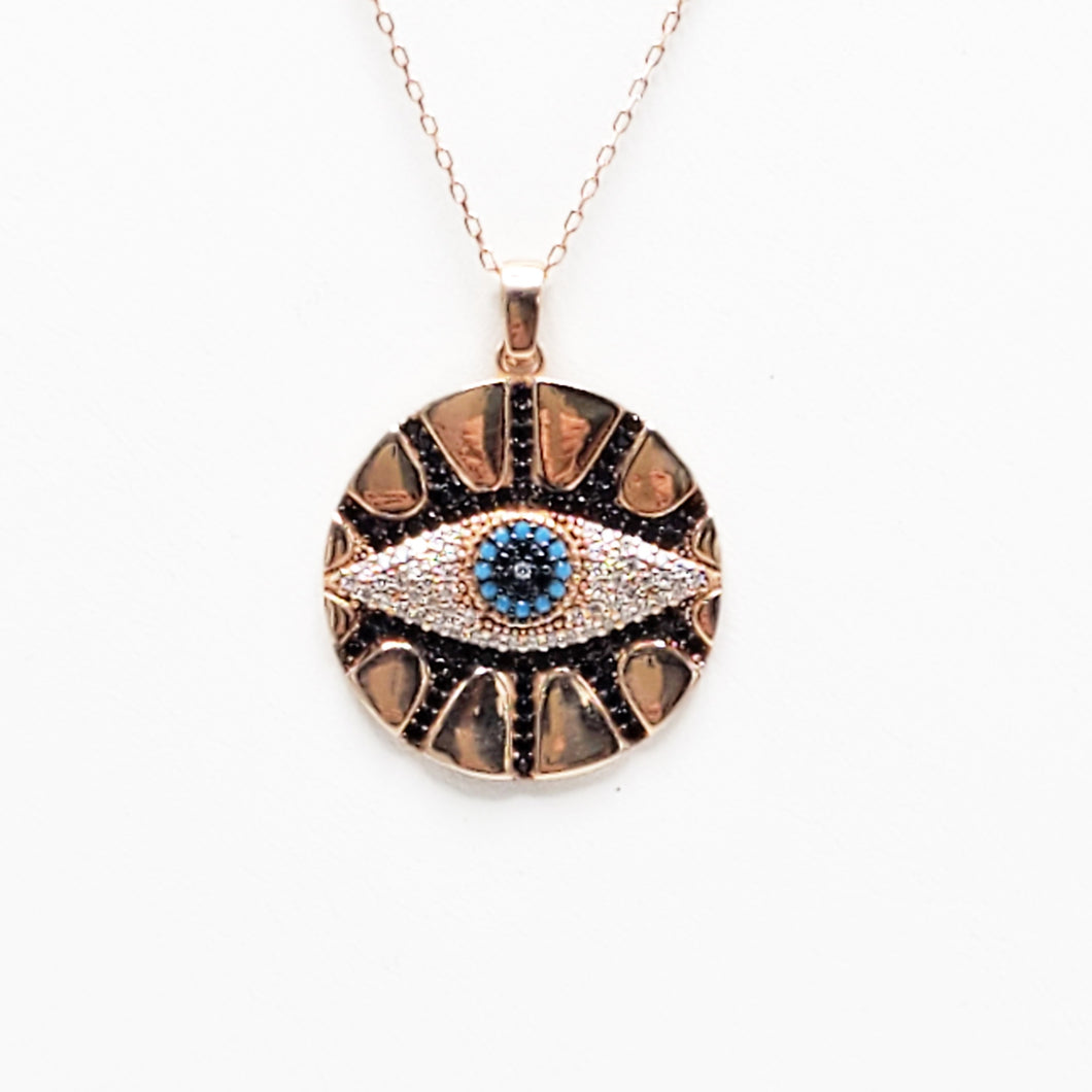 Evil Eye, Lucky Charm, Nazar  Necklace Blue,Clear,Black Turquoise and Zircon Round Curb Chain| 925 Sterling Silver