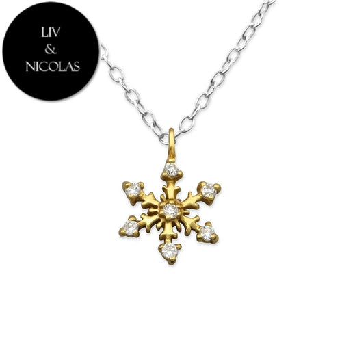 Solid 925 Sterling Silver + 14K Gold Plated Cubic Zircon Snowflake Necklaces