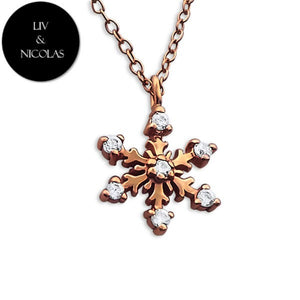 Solid 925 Sterling Silver + 14K Rose Gold Plated Cubic Zirconia Snowflake Necklaces