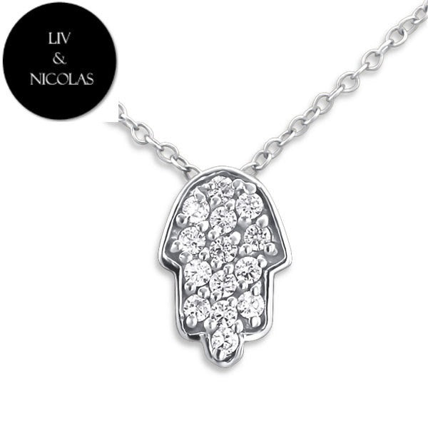 Solid 925 Sterling Silver White Cubic Zirconia Hamsa Hand Necklace