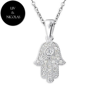 Solid 925 Sterling Silver White Cubic Zirconia Hamsa Hand Necklaces