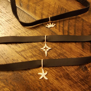 Gold Choker Leather,White,Ziconia,Crown,Starfish, Star Chokers  925 Sterling