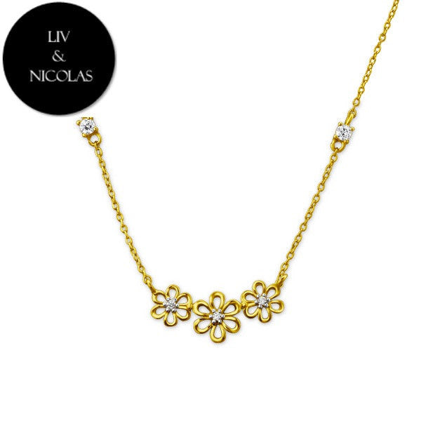 Solid 925 Sterling Silver + 14K Gold Plated White Cubic Zirconia Three Flower Necklace