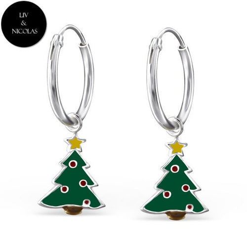 925 Sterling Silver Colorful Christmas Tree Earrings Hoop