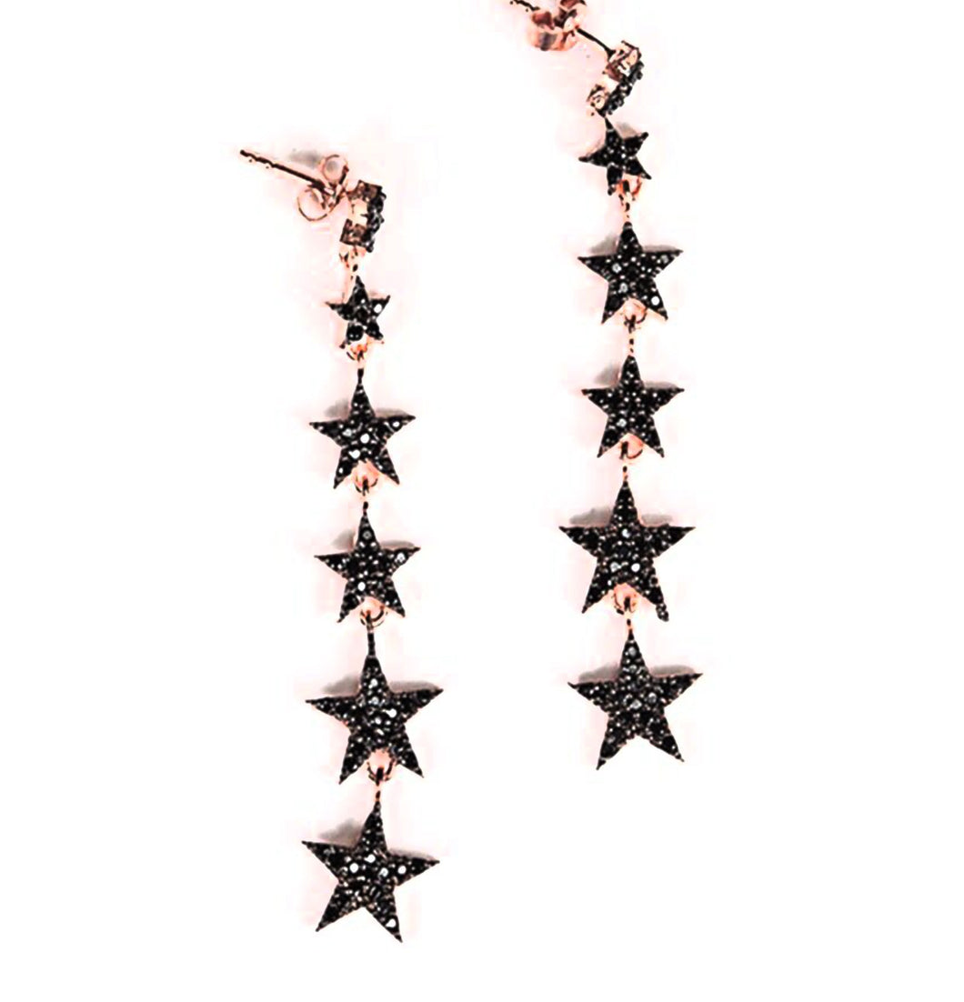 Clear  or Black Zircon Six Star  Earring Dangle Stud| 925 Sterling Silver