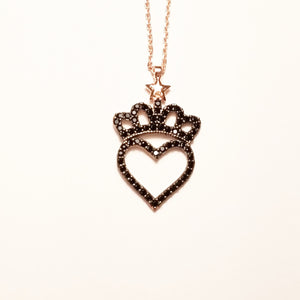Solid 925 Sterling Silver Black Zirconia Heart Crown Necklaces
