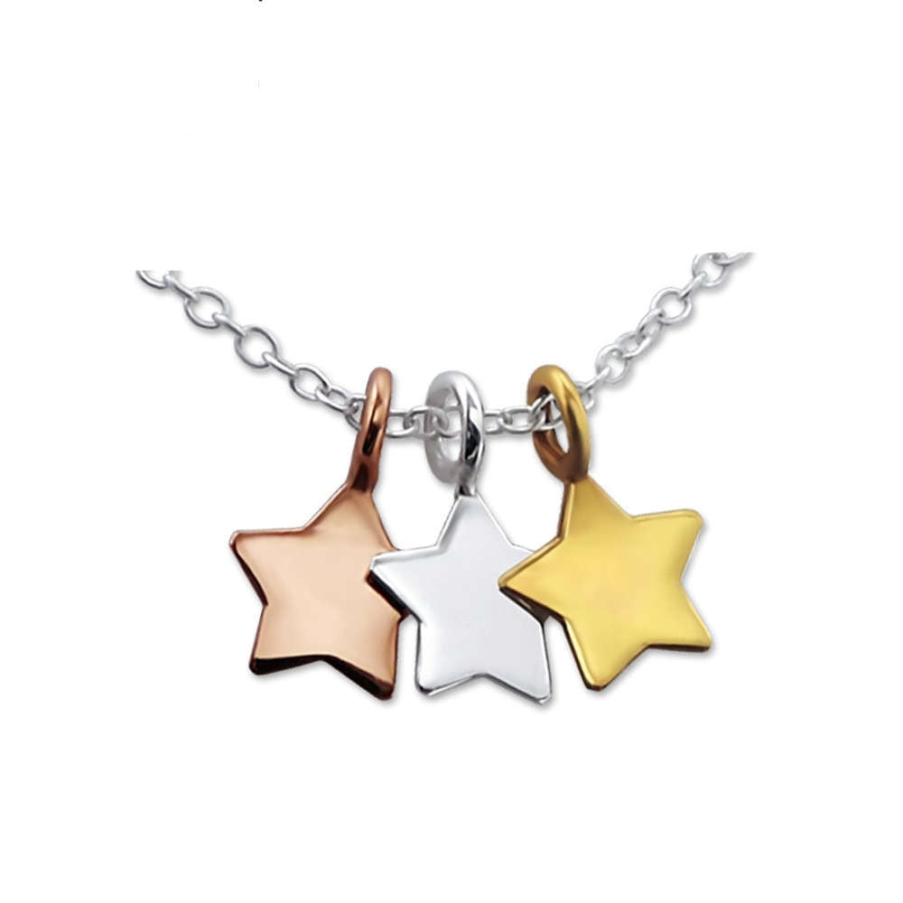 925 Sterling Silver 14K Gold Plated E-Coat Three Star Necklace