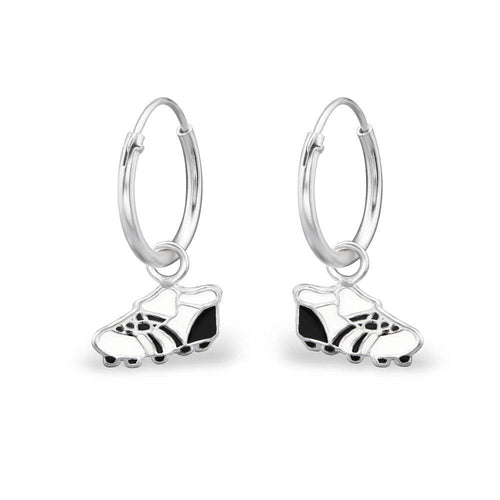 Genuine 925 Sterling Silver Black, White Football Boots Earrings Hoop Dangle
