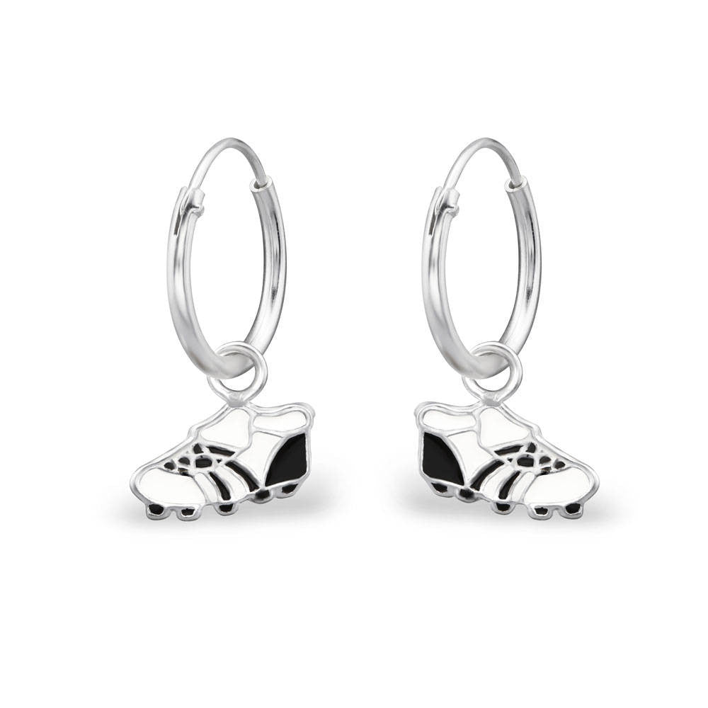 Genuine 925 Sterling Silver Black, White Football Boots Earrings Hoop Dangle