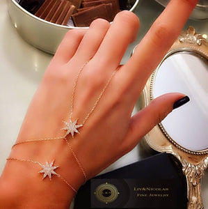 Zirconia Double Star Adjustable Slave Bracelet Hand Chain 925 Sterling Silver, all vermeil colors are available.