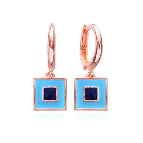Gold Turquoise ,Navy Blue Square Earring Hoop Dangle 925 Sterling Silver