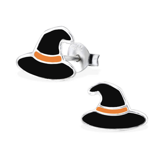 925 Sterling Silver Black, Orange Witch Hat Earrings Ear Stud