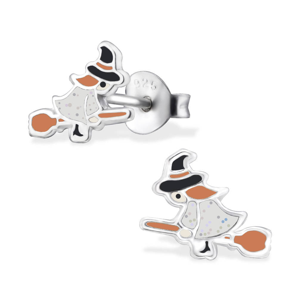 925 Sterling Silver Black, Orange, White Witch with Broom Earrings Ear Stud
