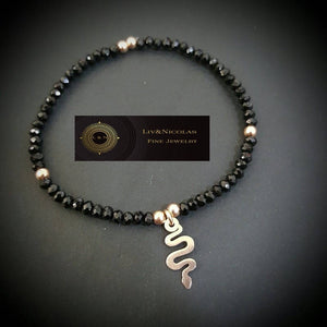Black Hematite Snake,Hamsa,Angel or Cloverleaf Bead Adjustable Charm Bracelet 925 Sterling Silver