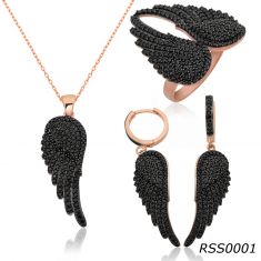 Black Zirconia 925 Sterling Silver Handcrafted Angel Wings Necklace Earring Ring Set